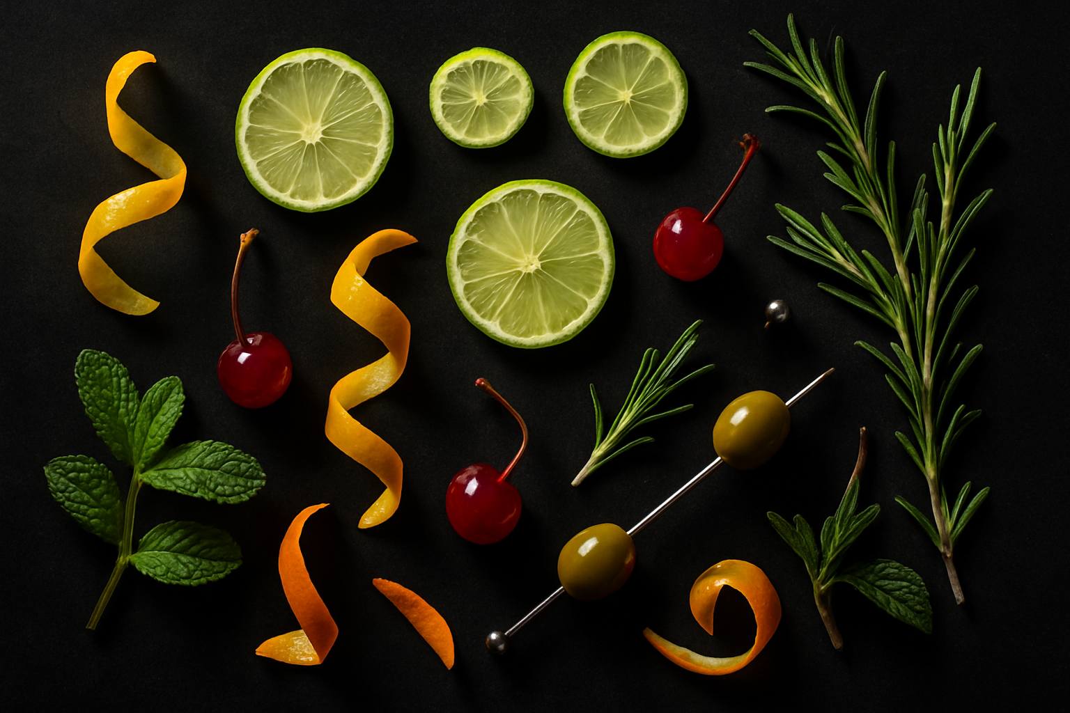 cocktail garnishes with a dark background